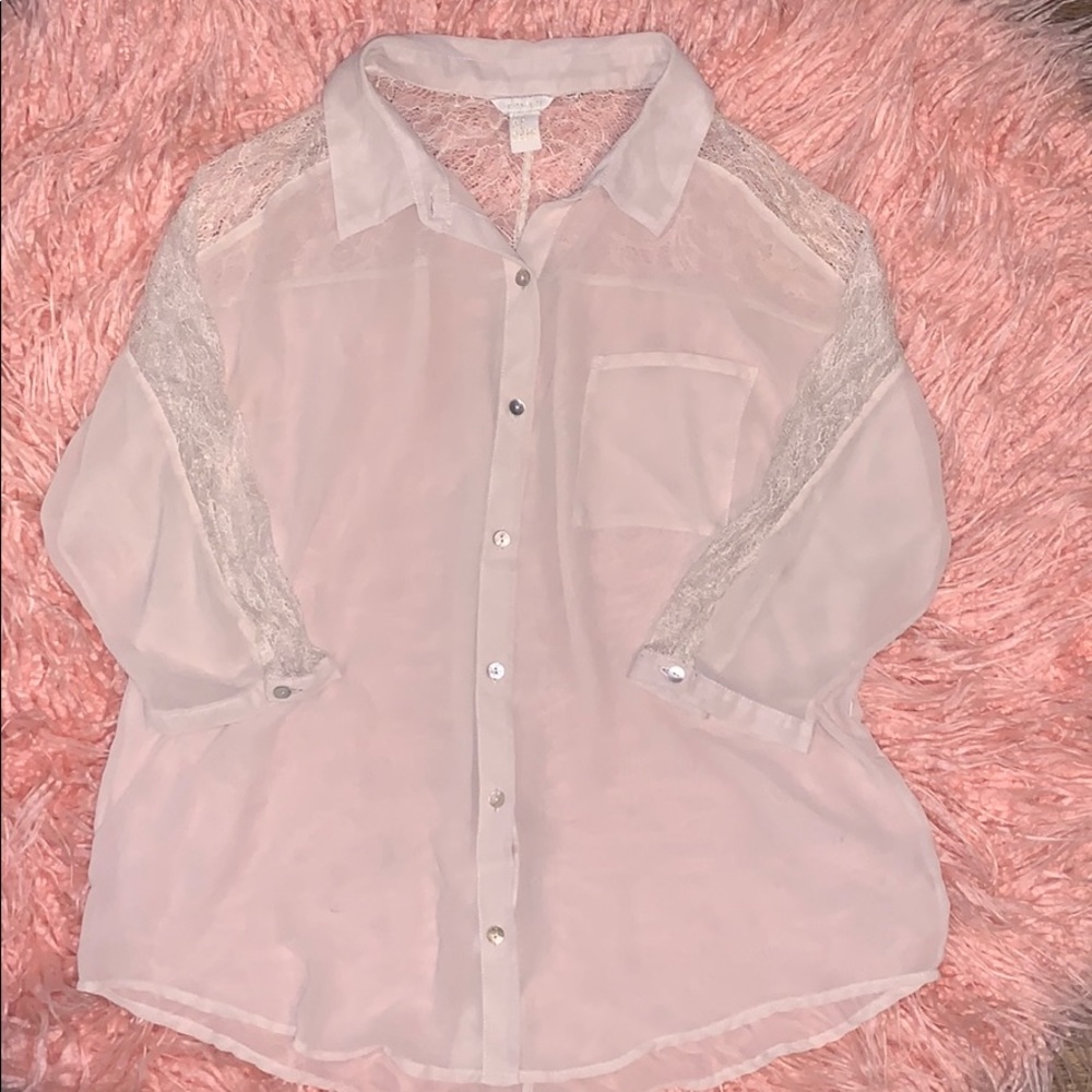 Beige sheer button-down collared women’s blouse
